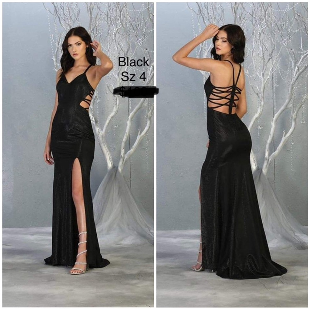 May Queen Black Strappy Back Prom Dress with Thigh Slit